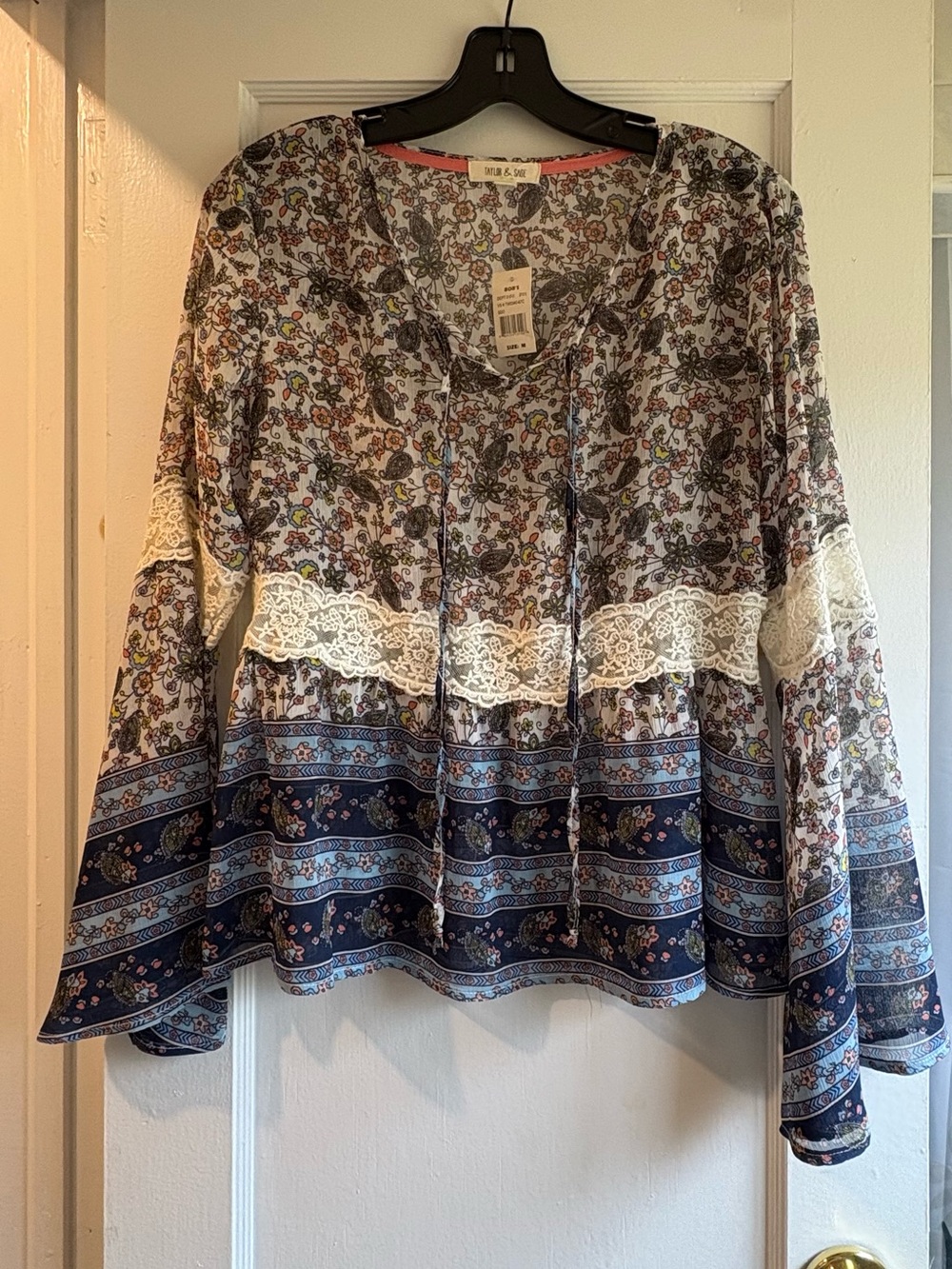 Taylor & Sage Boho Floral Lace-Trim Peasant Blouse - Blue Multi Size Medium